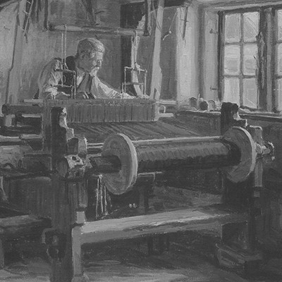 1500s. 
The Georg Jensen family laid the foundations for the 
Georg Jensen Damask we know today. 
A large loom made of oak has been in the family since that time, adn the look stands in the Kolding shop. The loom has been carbon-dated to the 1500s.